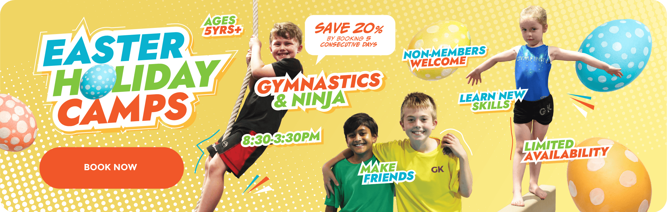 Easter holiday camp for children featuring kids playing and having fun outdoors, promoting gymnastics, ninja activities, and making new friends during summer break.